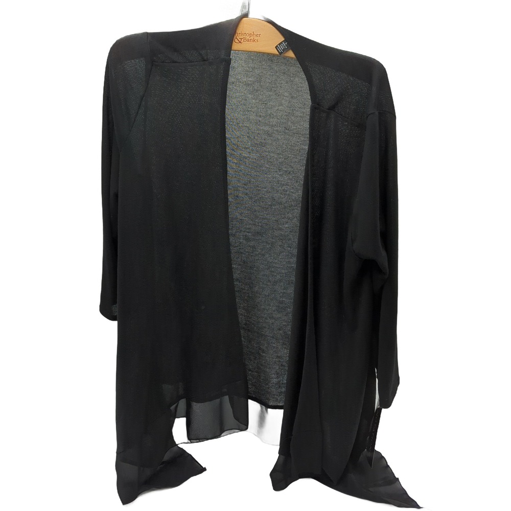 Notations Black Open Front Cardigan Chiffon Trim Three Quarter Sleeve Large NEW